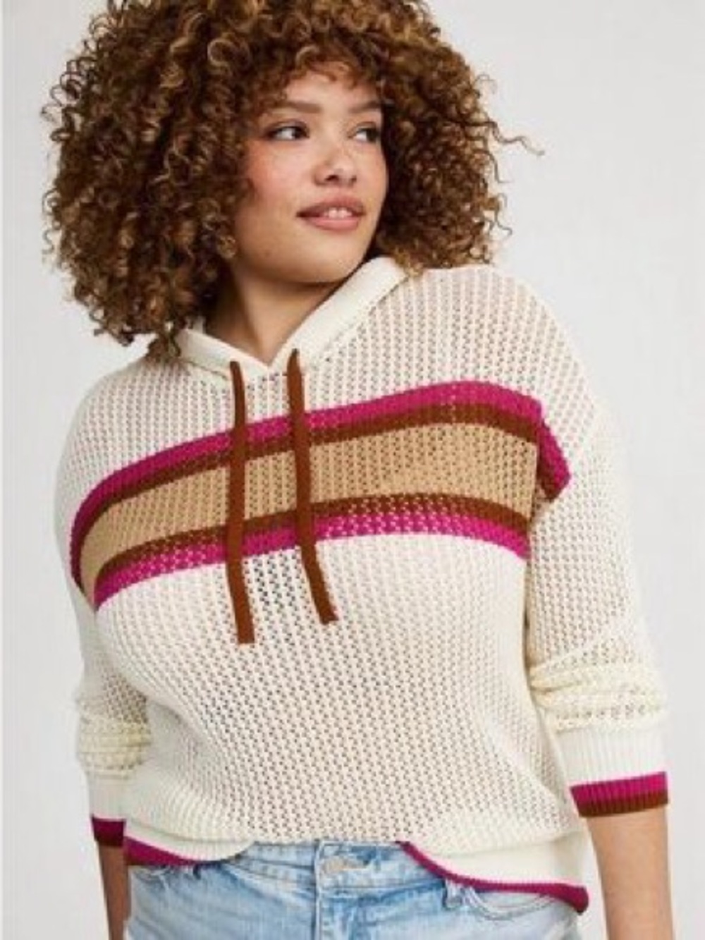 Torrid Pointelle Open Knit Boxy Cream Hooded Sweater with Stripe Size 2